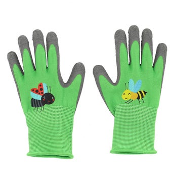 Children’s Gardening Gloves with Insect Pattern – Latex Grip, Size 4, Green