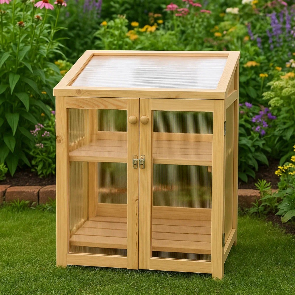 Compact Wooden Greenhouse with Polycarbonate Panels and Two Shelves for Gardens and Balconies