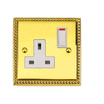 1 Gang 13 Amp Georgian Roped Brass Switched Plug Socket White Inserts