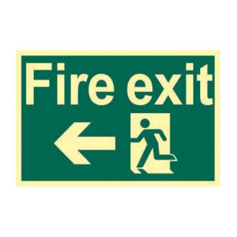 'Fire Exit Running Man Arrow Left' Sign - 1.3mm Rigid Self Adhesive Photoluminescent (300mm x 200mm)
