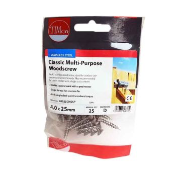 Timco S.Steel CSK Slash Point Multi-Purpose Woodscrews - 4.0 x 25 - Pack Of 25