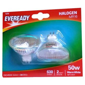 Eveready 50W Dichroic GU5.3 Halogen MR16 Light Bulb - Pack of 2