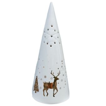 Christmas Ceramic LED Cone Decoration with Pine Trees and Deer 17cm x 7.5cm - 1 piece