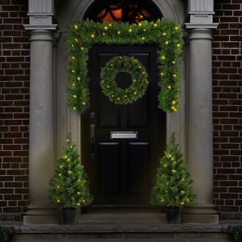 Pre-Lit Christmas Door Decoration Set – Complete 4-Piece Festive Porch Display with Wreath, Garland & Trees