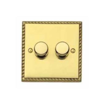 2 Gang 2 Way 400W Switch Polished Georgian Roped Brass Raised Dimmer
