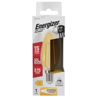 Energizer LED 2.5W (20W) E14 Candle Vintage Gold Filament Bulb - 275 Lumens, 2000K Warm White
