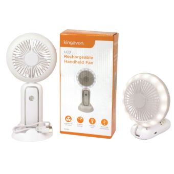 Kingavon LED Rechargeable Handheld Fan with 3 Speed Settings and Folding Desktop Stand
