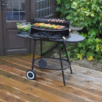 Kingfisher Traditional Oval Steel Trolley BBQ with 4 Position Cooking Grid and Side Shelves