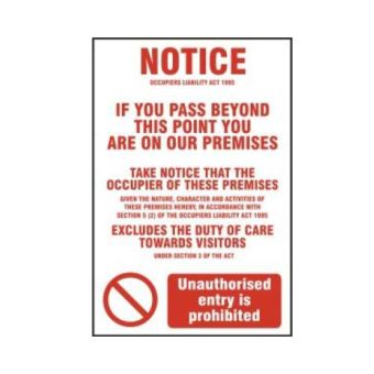 Occupiers Liability Act 1995 (Information) - PVC Sign (200 x 300mm)