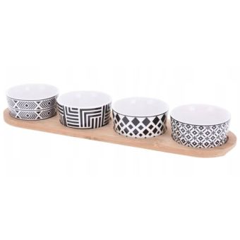 Porcelain Ceramic Bowls with Bamboo Serving Tray - Set of 4 I Black and White Geometric Design