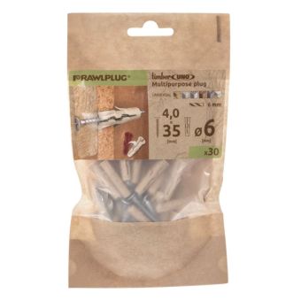 Rawlplug Timber-Uno Universal Plug With Screws 6x28mm - Pack 30