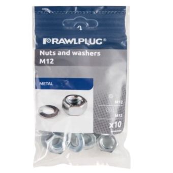 Rawlplug M12 Nuts and Washers Set DIN 934 - 20 Pieces for Metal and Wood Fastening Applications