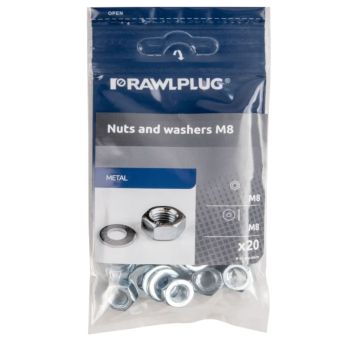 Rawlplug M8 Hex Nuts and Washers Set DIN 934 Metric Thread 20 pcs Plastic Bag | Fastening Kit for Construction Automotive Machinery