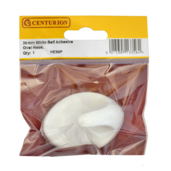 40mm White Plastic Self Adhesive Oval Hook (Pack of 2)