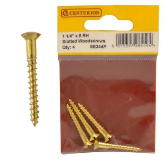 Centurion 1.25 x 8 RH Brass Woodscrews - Pack Of 4