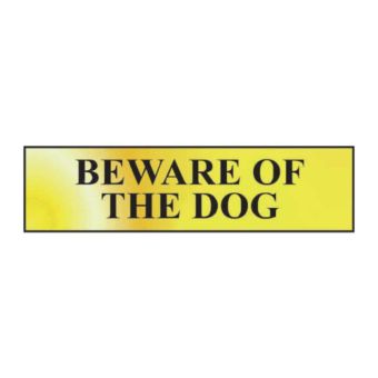 Self-Adhesive PVC Beware Of The Dog Sign Polished Gold Effect - 200mm x 50mm