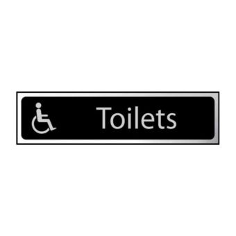 Self-Adhesive PVC Toilets (Disabled Logo) Sign Black And Polished Chrome Effect - 200mm x 50mm