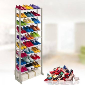 10 Row Shoe Storage Rack - White (139 x 16.5 x 51 cm)