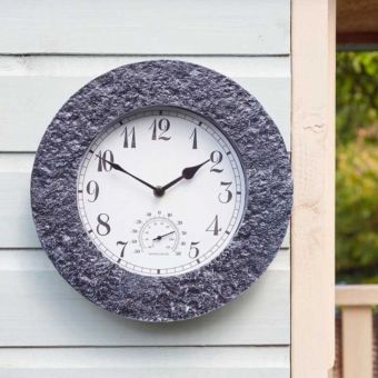Stonegate 12 Inch Granite Effect Wall Clock with Built-In Thermometer for Indoor and Outdoor Use