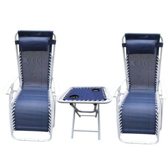 SupaGarden 3 Piece Zero Gravity Reclining Chair and Table Set Blue Textilene Fabric with Cup Holder Table Outdoor Folding Lounger Set