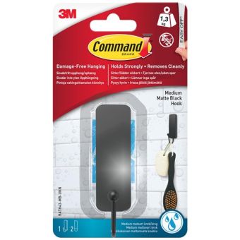 Command Medium Bathroom Hook Matte Black – Damage Free Hanging Hook for Towels, Robes and Accessories, Water Resistant, Holds up to 1.3kg