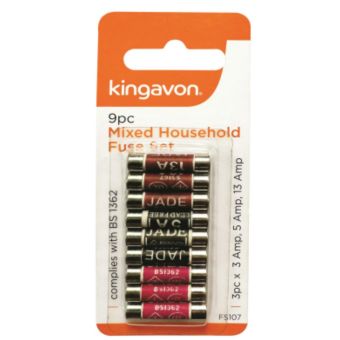 Kingavon 9 Piece Mixed Household Fuse Set – BS1362 Approved Replacement Fuses