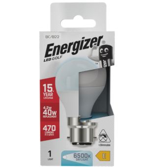 Energizer LED 4.2W B22 Golf Ball Bulb 470 Lumens Daylight 6500K Opal Finish Equivalent to 40W