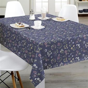 Oilcloth Blue Floral Pattern Wipe Clean Tablecloth - Price per metre