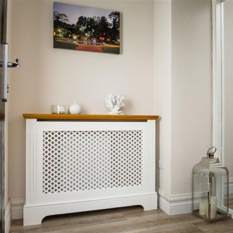 Tema Georgian Small Radiator Cover White and Oak Veneer with Removable Grill and Easy Assembly