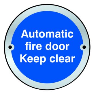 ASEC 75mm Stainless Steel Automatic Fire Door Keep Clear Sign – Blue & White Safety Disc