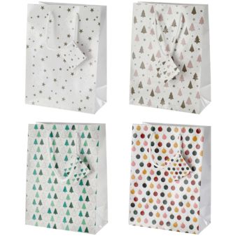 White Christmas Gift Bag 14cm – Assorted Festive Designs with Trees, Stars and Baubles
