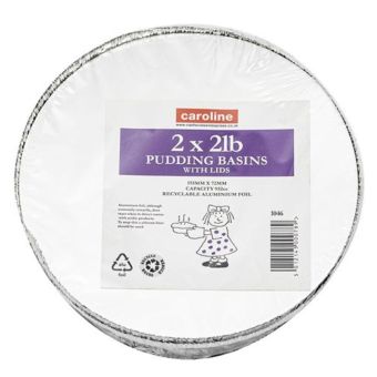 Caroline Foil Pudding Basins with Lids 932ml / 2lb – 2 Pack Durable Bake and Store Containers