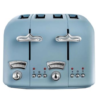 DeLonghi Argento Flora 4 Slice Toaster Blue Wide Slot Toaster with Defrost Function and 6 Browning Levels