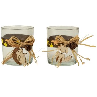 Autumn Glass Tealight Holder 8cm – Hedgehog and Fox Design, Assorted Woodland Style