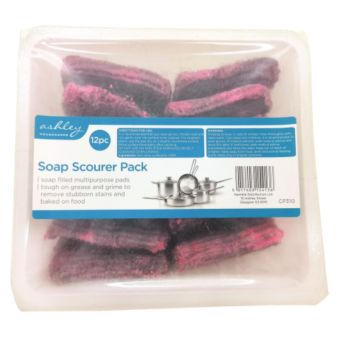 Ashley 12 Piece Soap Filled Scourer Pads – Heavy Duty Grease and Stain Remover for Pots and Pans