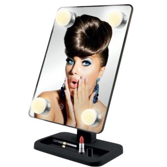 Make-Up Mirror with 4 LED Hollywood Lights – Black, Rotatable with Touch Switch and Storage