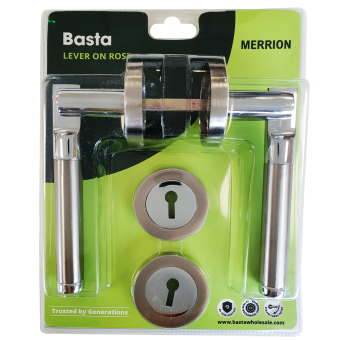 Basta Merrion Satin Chrome Lever Door Handle on Rose with Keyhole Escutcheon
