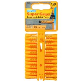 Plasplugs Super Grips Yellow Plastic Wall Plugs 4.5mm x 24.5mm Pack of 100 – Regular Duty Fixings for Brick and Concrete