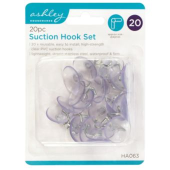 Ashley 20PC Suction Hook Set – Reusable Clear PVC Hooks with Stainless Steel Hangers