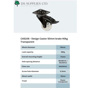Transparent 50mm Design Castor with Brake – 40kg Load Capacity