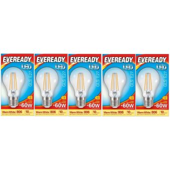 Eveready 7W E27 LED Clear Filament GLS Bulbs 806 Lumens Warm White Equivalent to 60W I Pack of 5