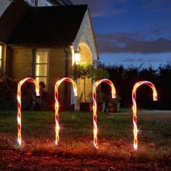 Candy Cane Stakes Set of 8 – 80 Warm White LED Christmas Pathway Lights with Timer