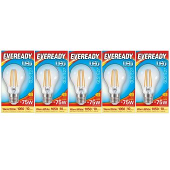 Eveready 8W E27 LED Clear Filament GLS Bulbs 1050 Lumens Warm White Equivalent to 75W I Pack of 5
