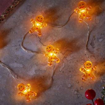 Gingerbread String Lights Set of 20 – Warm White LED Christmas Garland with Timer
