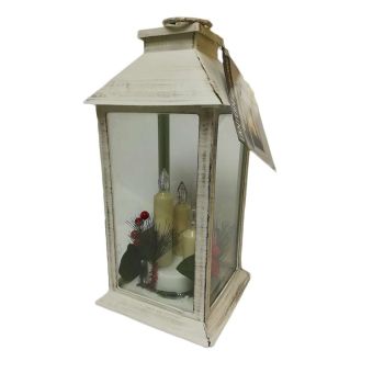White Lantern With LED Candles & Holly Berry Leaf - 29cm