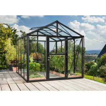 The 8ft x 15ft Black finish with 4mm float glass sides & 10mm polycarbonate roof