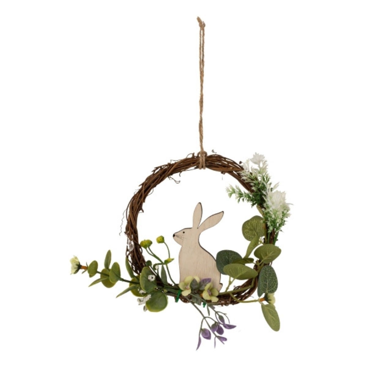 Easter Door wreath with wooden Easter bunnies and flowers