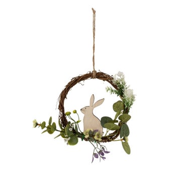 Easter Door wreath with wooden Easter bunnies and flowers