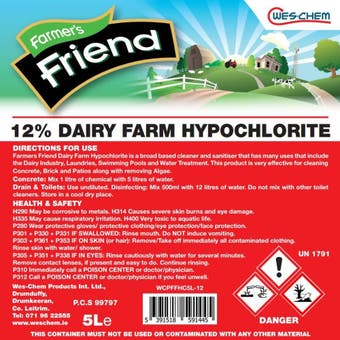 Farmers Friend 12% Dairy Farm Hypochlorite 5Ltr
