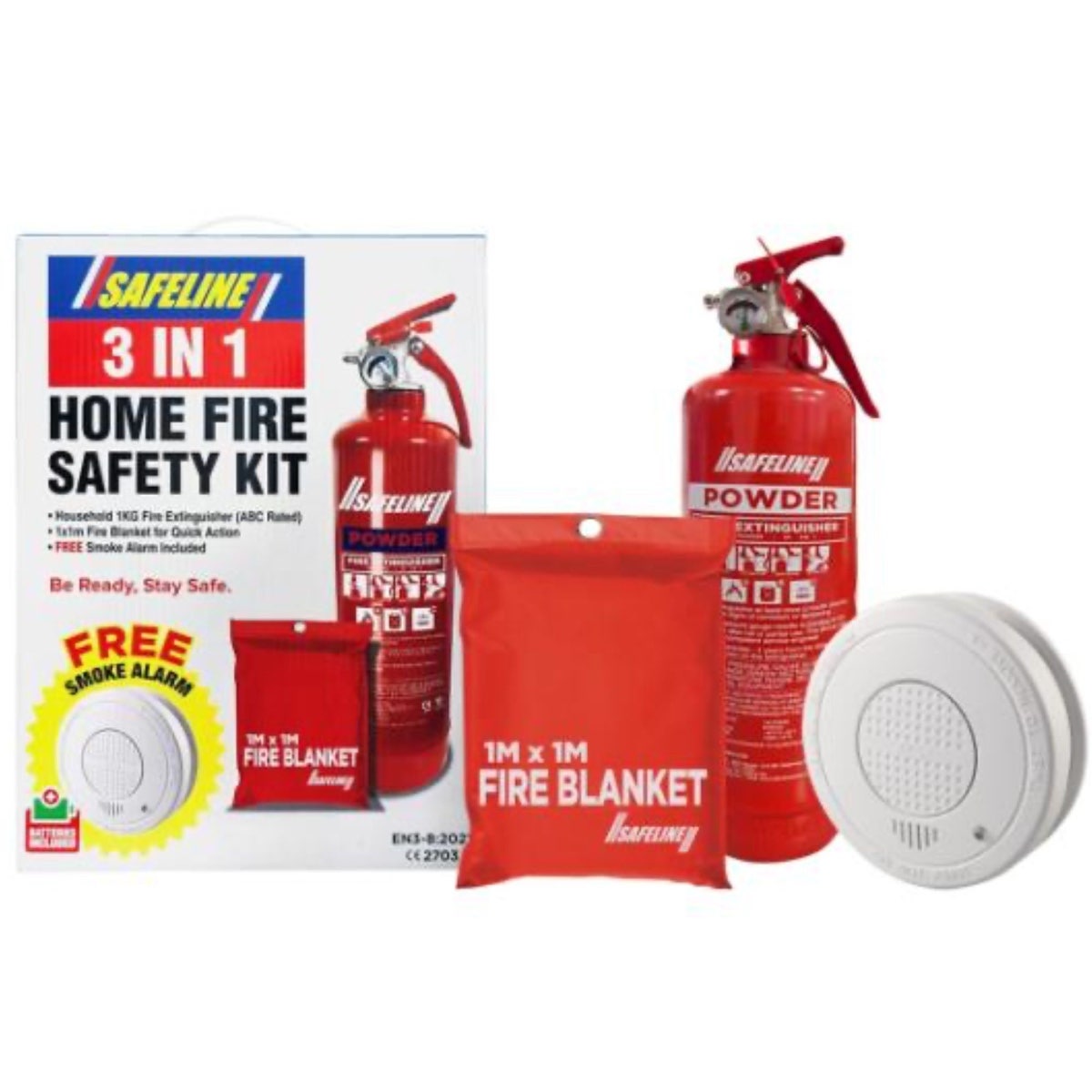 Safeline Fire Safety 3-in-1 Kit – Fire Extinguisher, Blanket & Smoke Alarm Set